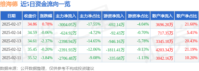 星空体育：股票行情快报：维海德（301318）2月17日主力资金净卖出300405万元(图1)